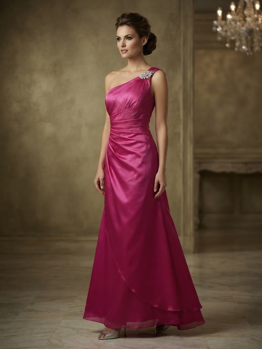 David's Bridal One-Shoulder Fuchsia Evening Gown with Jeweled Accent